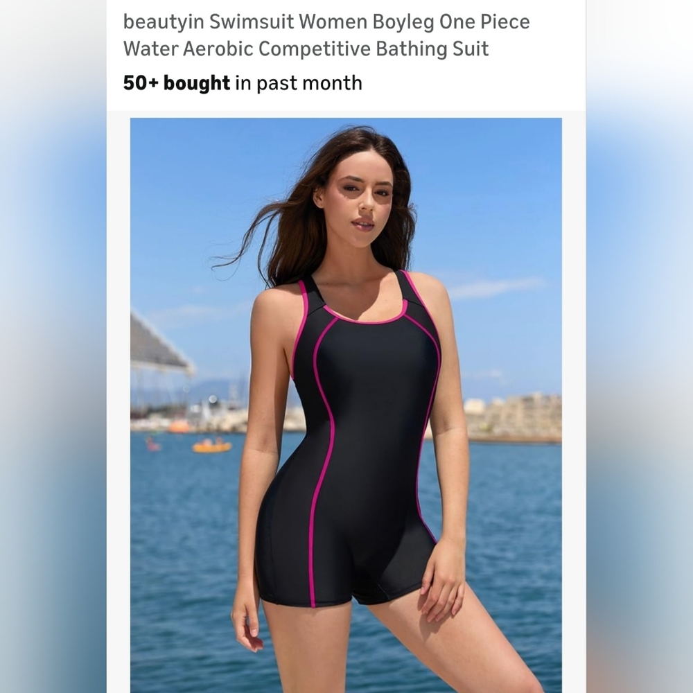 Black One-Piece Swim Short with Pink Piping. B-20